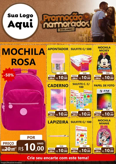 Modelo de Encarte para Encarte A4 Vertical com o tema Promoção Namorados para Papelaria