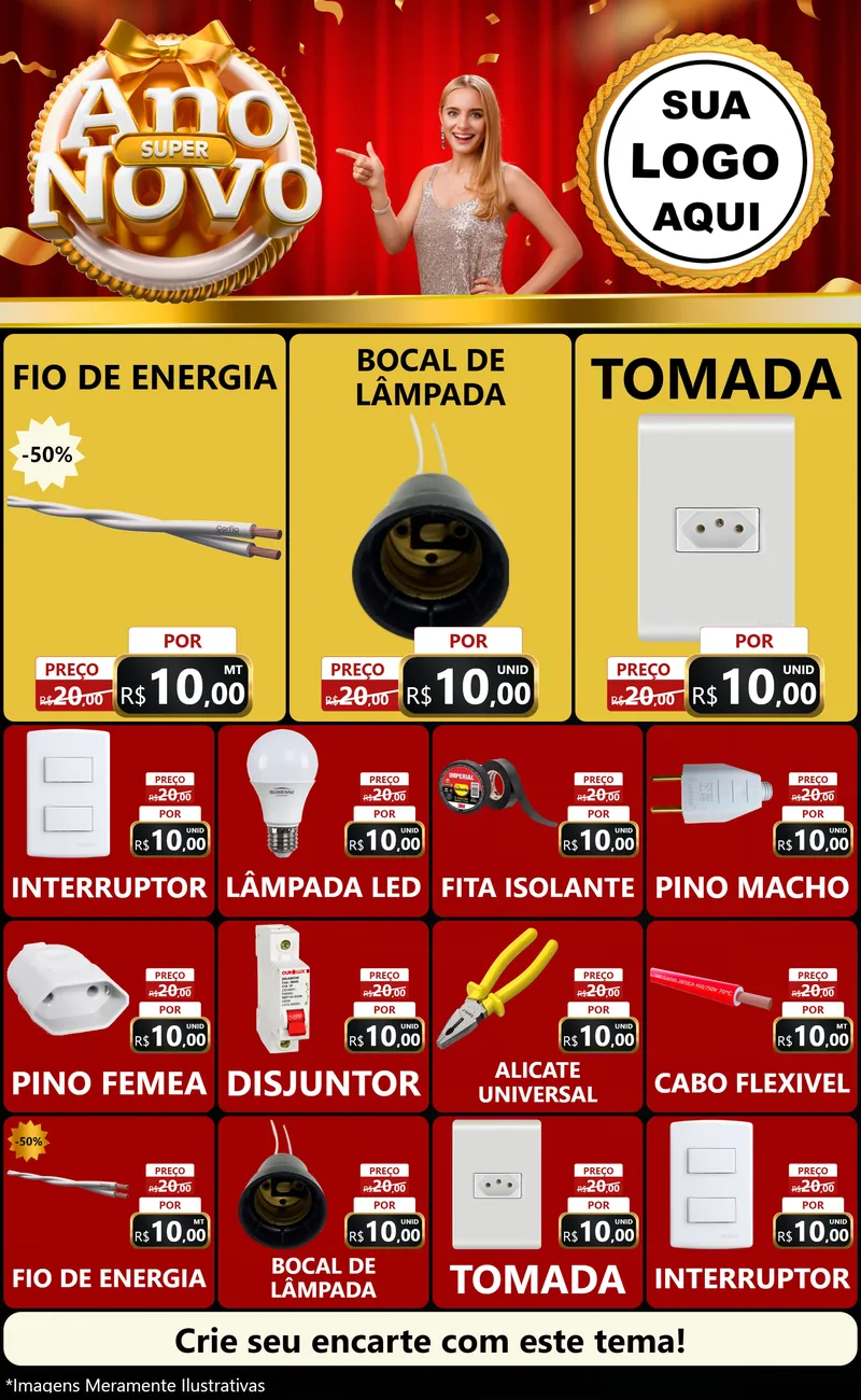 Modelo de Encarte para Encarte Grande com o tema Super Ano Novo para Materiais Elétricos