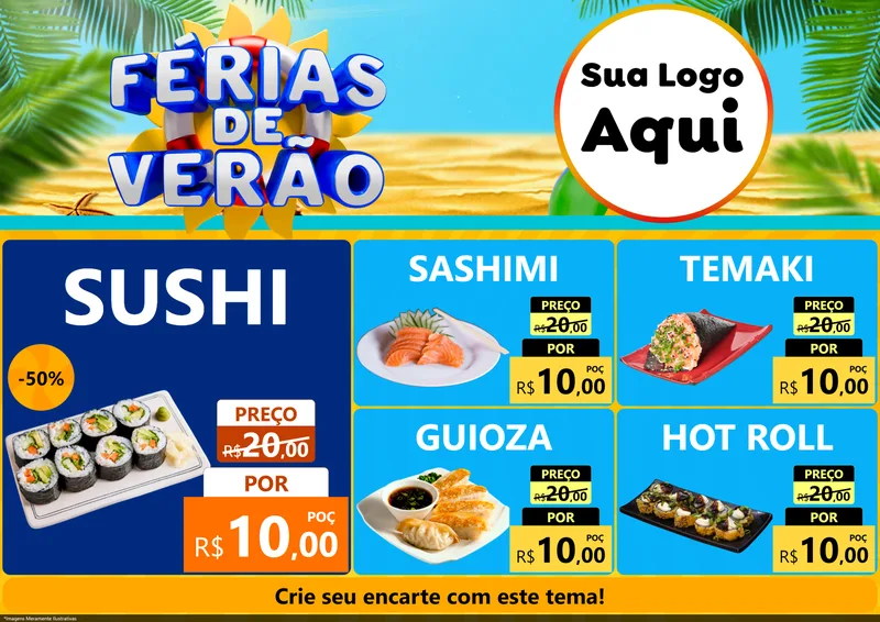 Modelo de Encarte para Encarte A4 Horizontal com o tema Férias de Verão para Comida japonesa