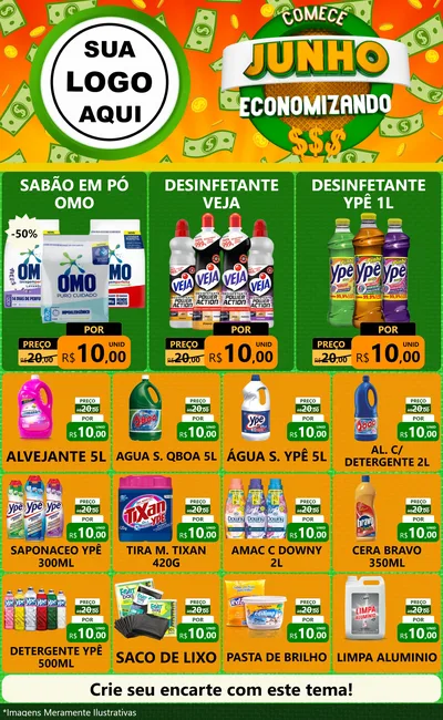 Modelo de Encarte para Encarte Grande com o tema Comece Junho Economizando para Produtos de Limpeza