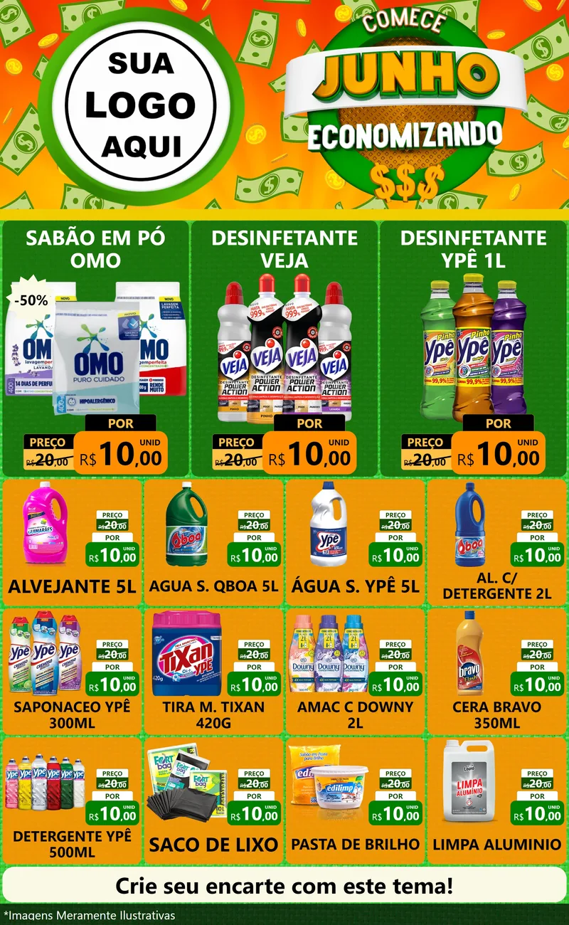Modelo de Encarte para Encarte Grande com o tema Comece Junho Economizando para Produtos de Limpeza