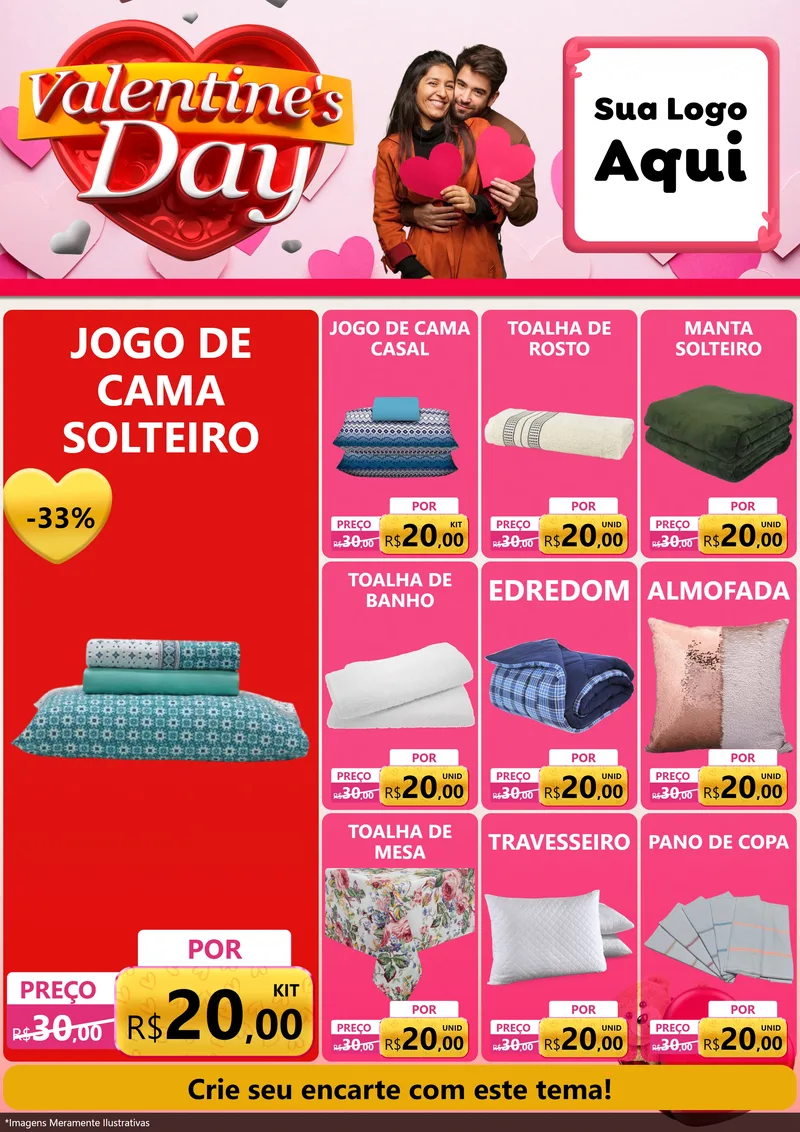Modelo de Encarte para Encarte A4 Vertical com o tema Valentine's Day para Cama, Mesa e Banho
