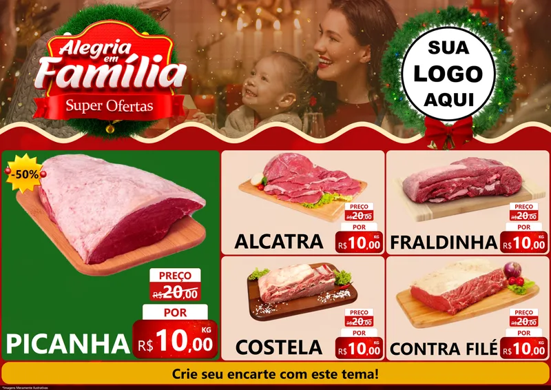 Modelo de Encarte para Encarte A4 Horizontal com o tema Alegria Em Família - Super Ofertas para Açougue