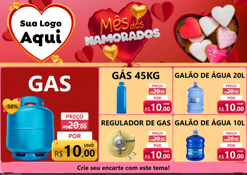 Modelo de Encarte para Encarte A4 Horizontal com o tema Mês dos Namorados para Água e gás