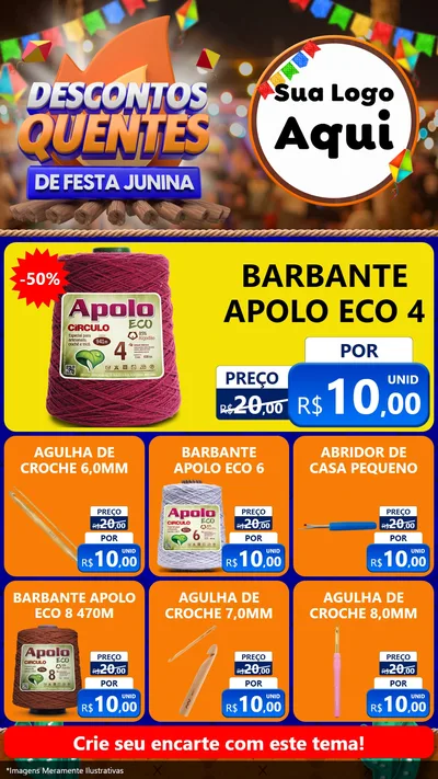Modelo de Rede Social para Stories com o tema Descontos Quentes de Festa Junina para Armarinho e Aviamentos