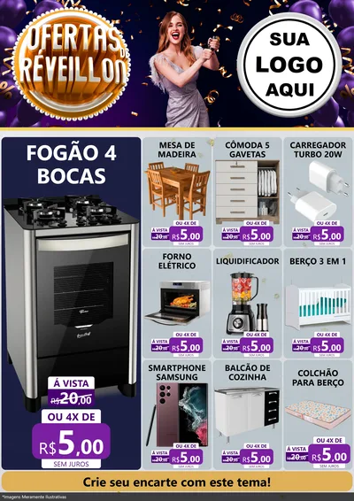 Modelo de Encarte para Encarte A4 Vertical com o tema Ofertas de Réveillon para Móveis e Eletro