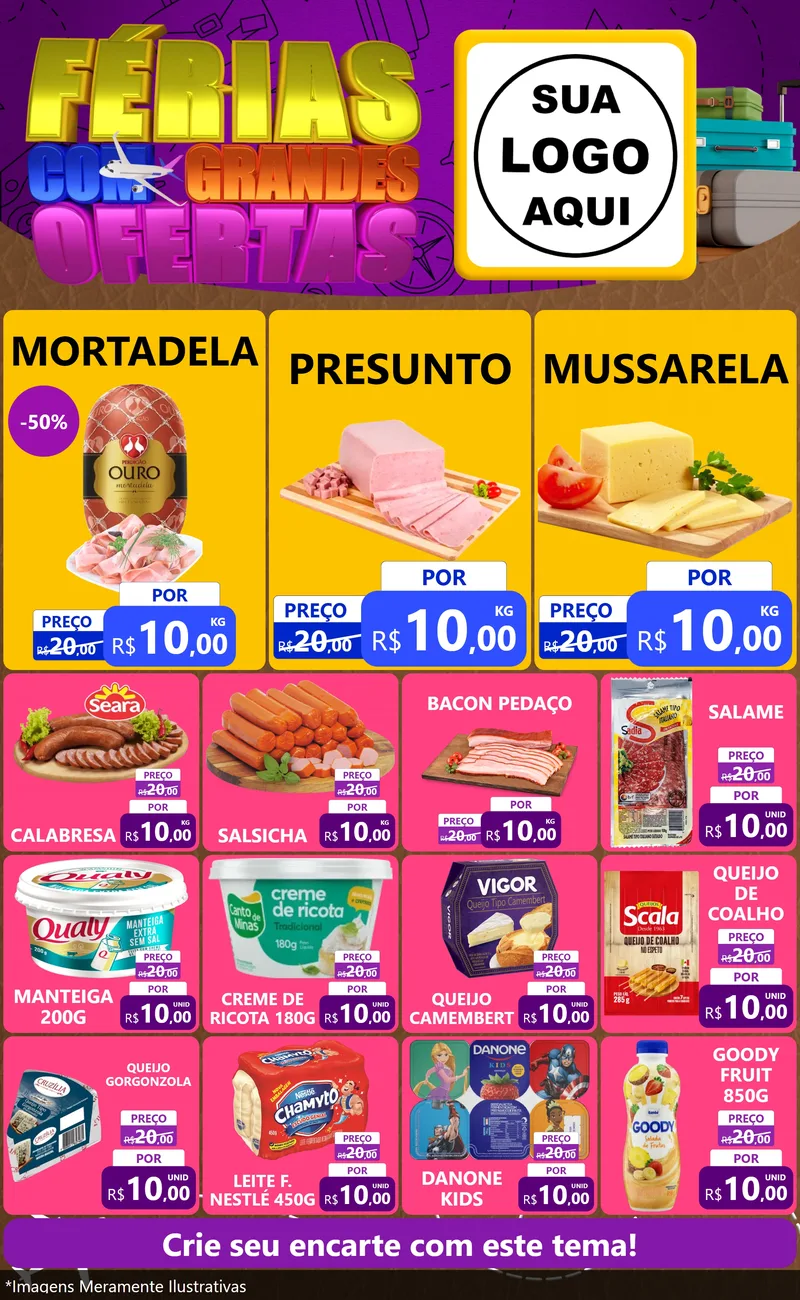 Modelo de Encarte para Encarte Grande com o tema Férias com Grandes Ofertas para Frios e Laticínios