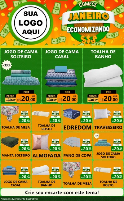 Modelo de Encarte para Encarte Grande com o tema Comece Janeiro Economizando para Cama, Mesa e Banho