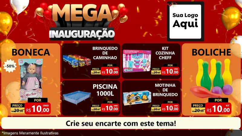 Modelo de TV para TV Horizontal com o tema Mega Inauguração para Brinquedos