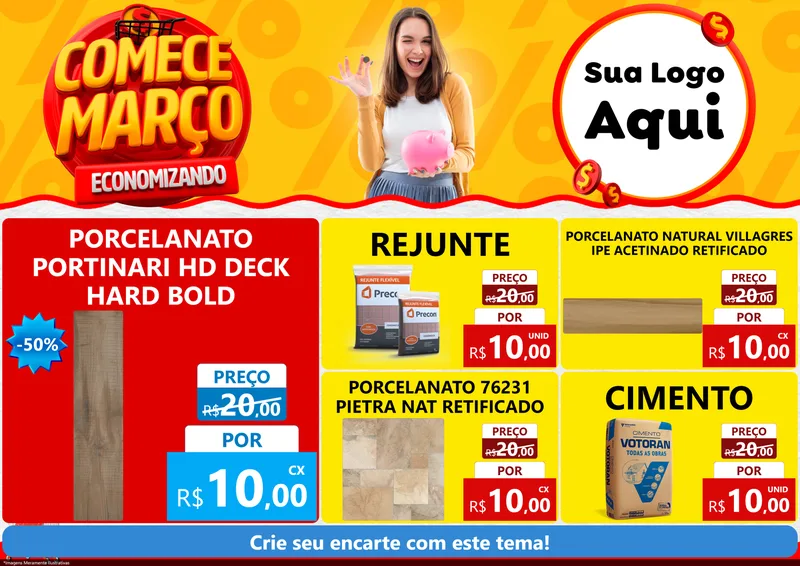 Modelo de Encarte para Encarte A4 Horizontal com o tema Comece Março Economizando para Pisos e revestimentos