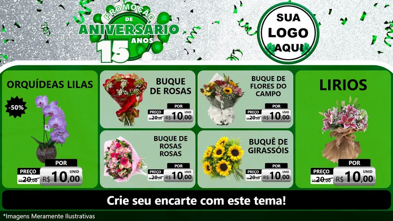 Modelo de TV para TV Horizontal com o tema Promoção de Aniversário - 15 Anos para Floricultura e jardim