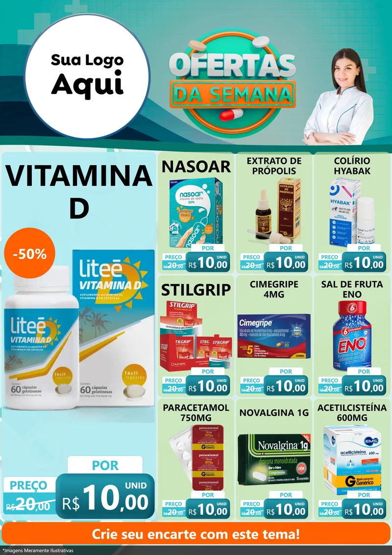 Modelo de Encarte para Encarte A4 Vertical com o tema Ofertas da Semana para Farmácia