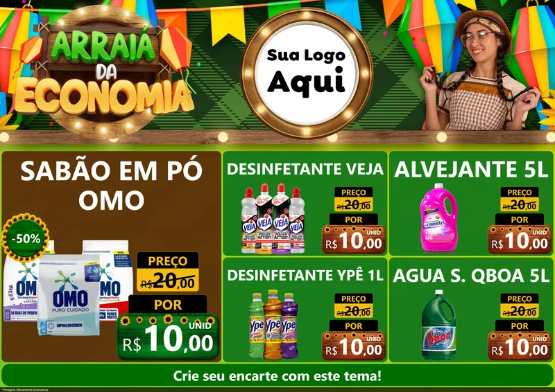 Modelo de Encarte para Encarte A4 Horizontal com o tema Arraiá de Economia para Produtos de Limpeza