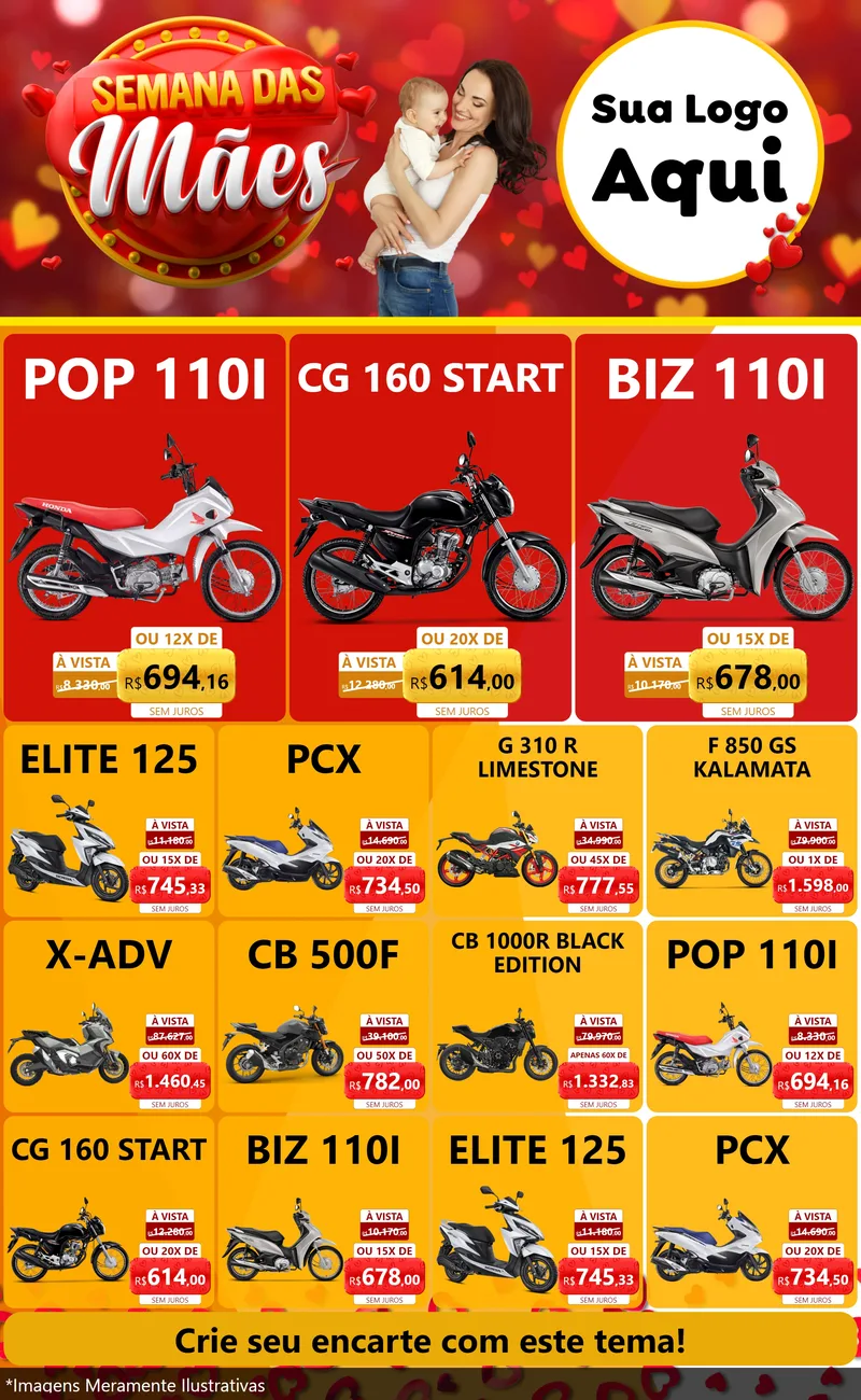 Modelo de Encarte para Encarte Grande com o tema Semana das Mães para Concessionaria de Motos