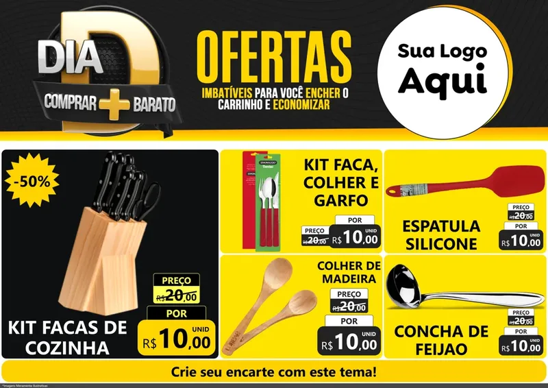 Modelo de Encarte para Encarte A4 Horizontal com o tema Dia D Mais Economia para Utilidades Domésticas