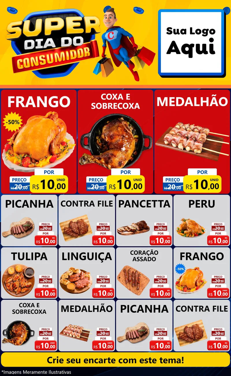 Modelo de Encarte para Encarte Grande com o tema Super Dia do Consumidor para Assados