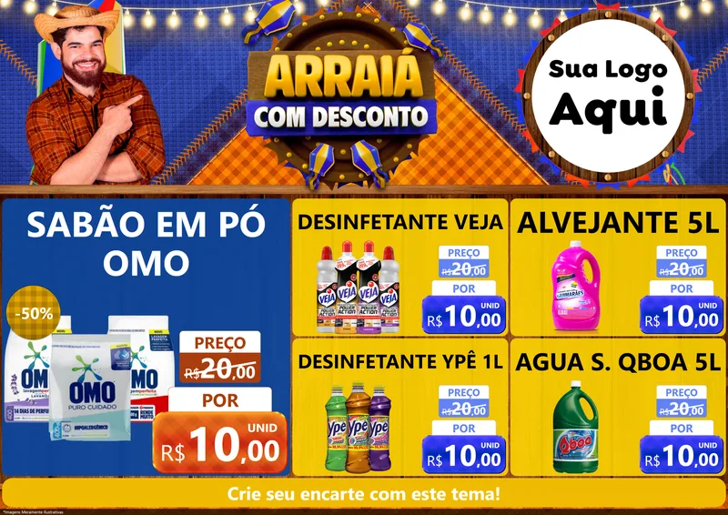 Modelo de Encarte para Encarte A4 Horizontal com o tema Arraiá Com Desconto para Produtos de Limpeza