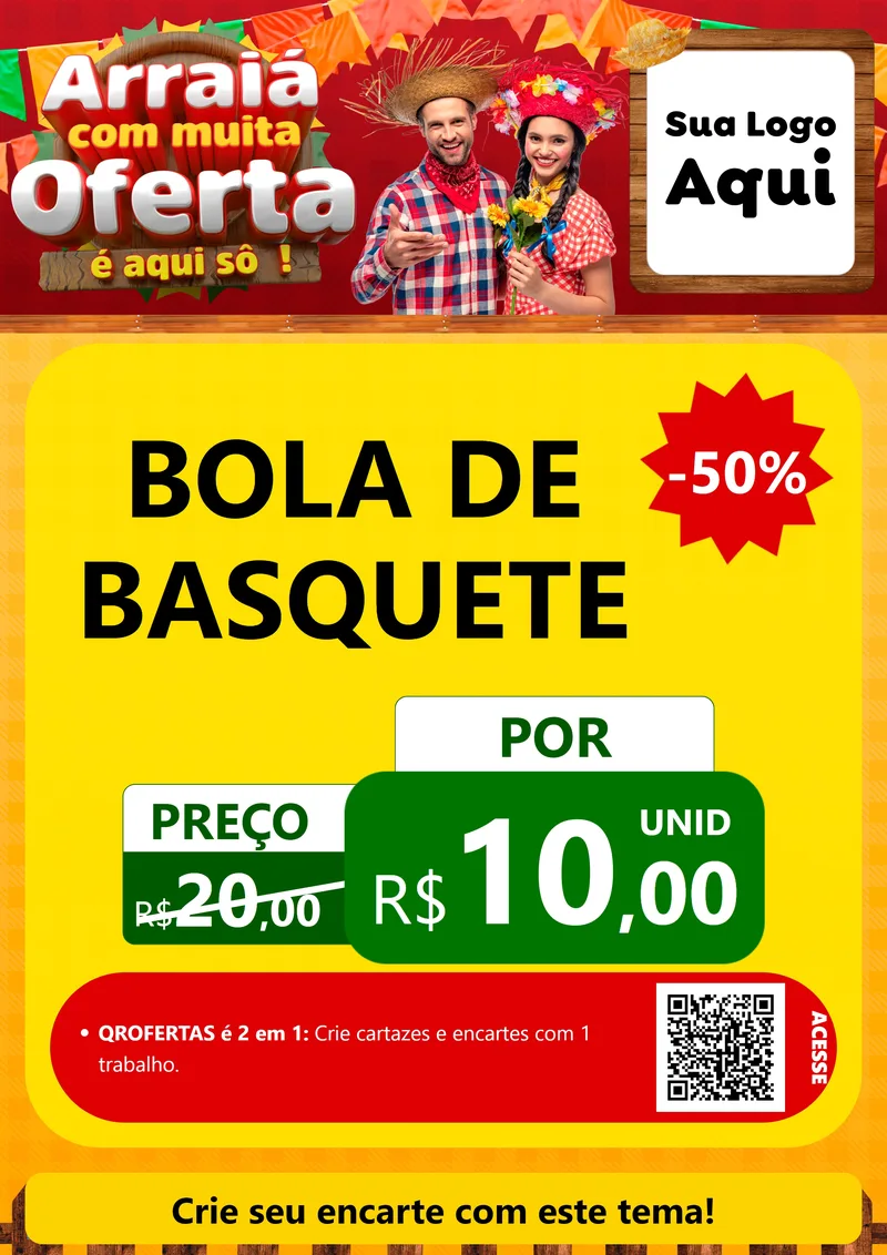 Modelo de Cartaz para Cartaz A4 Vertical com o tema Arraiá Com Muita Oferta - É Aqui Sô! para Artigos Esportivos