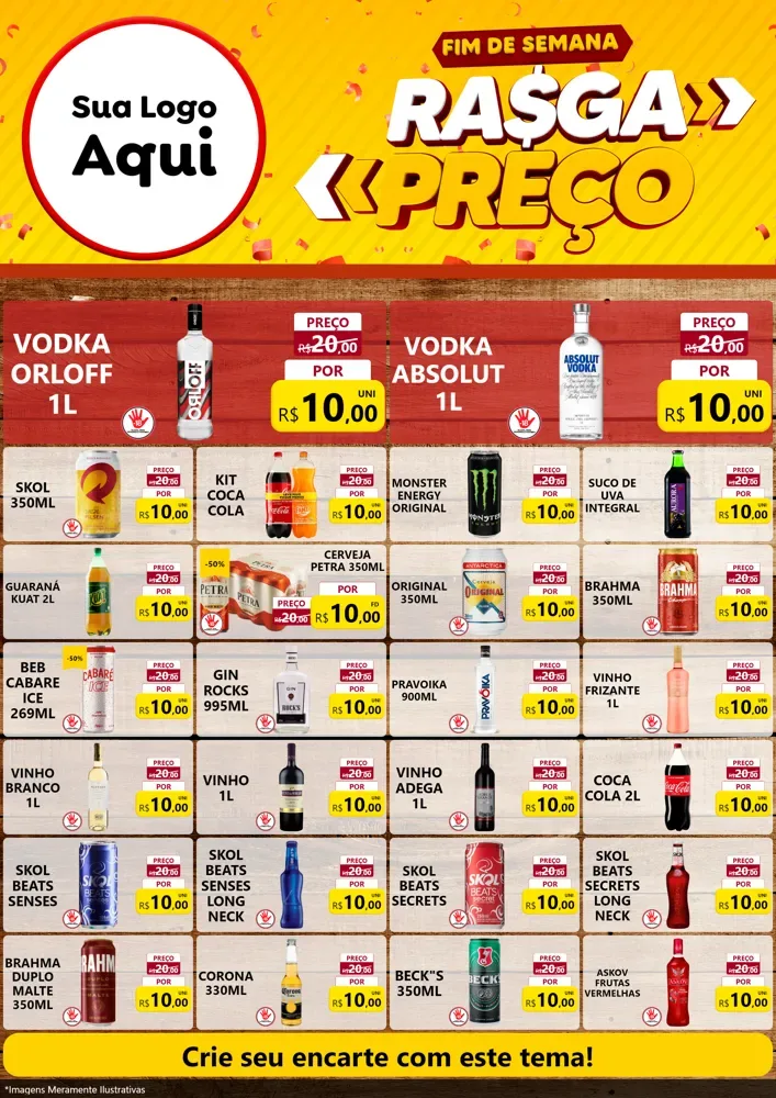 Modelo de Encarte para Encarte A4 Vertical com o tema Fim de Semana Rasga Preços para Distribuidora de bebidas