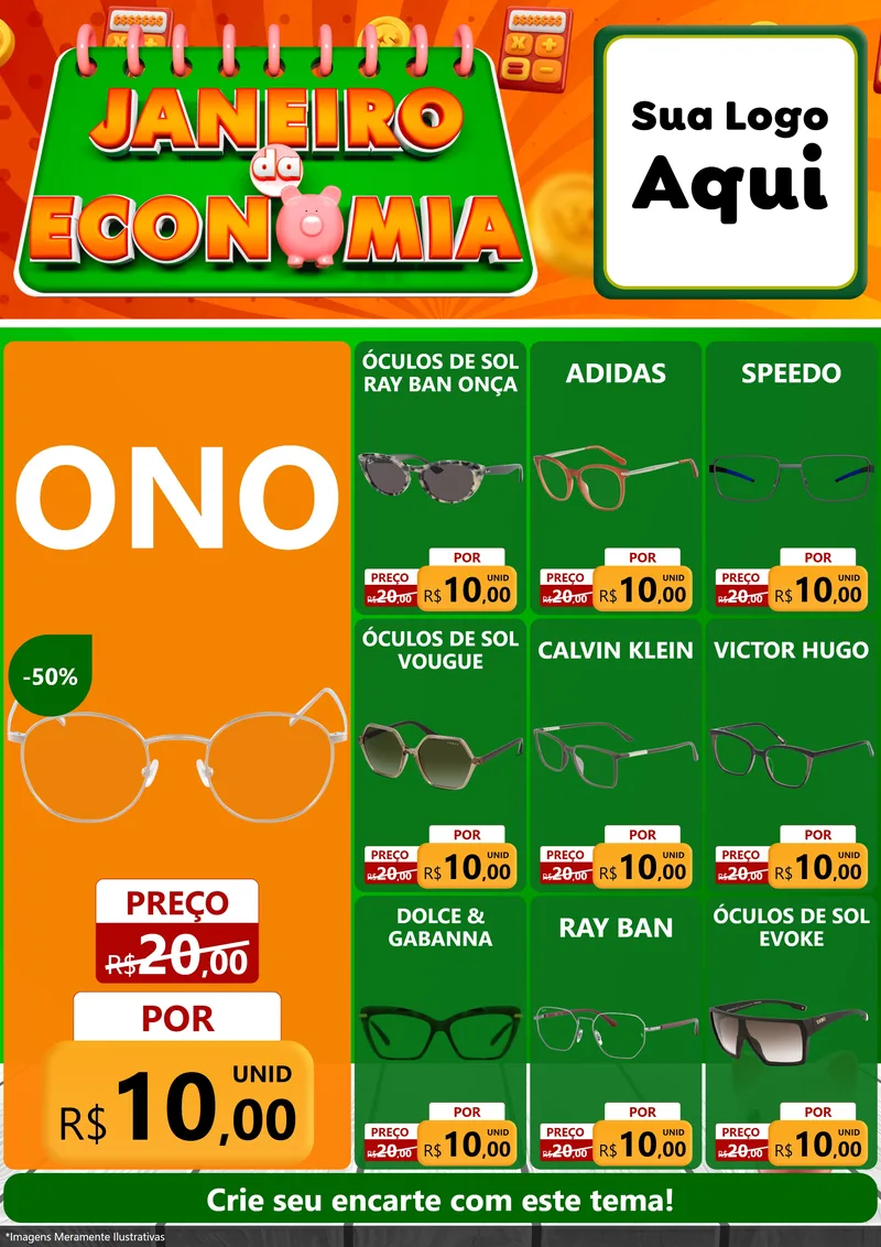 Modelo de Encarte para Encarte A4 Vertical com o tema Janeiro da Economia para Óticas
