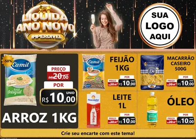 Modelo de Encarte para Encarte A4 Horizontal com o tema Liquida Ano Novo Imperdível para Supermercado