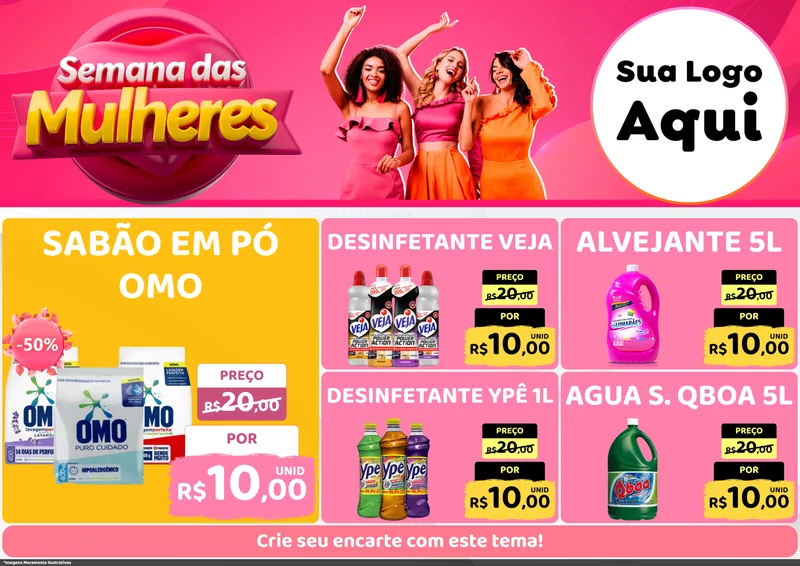 Modelo de Encarte para Encarte A4 Horizontal com o tema Semana das Mulheres para Produtos de Limpeza