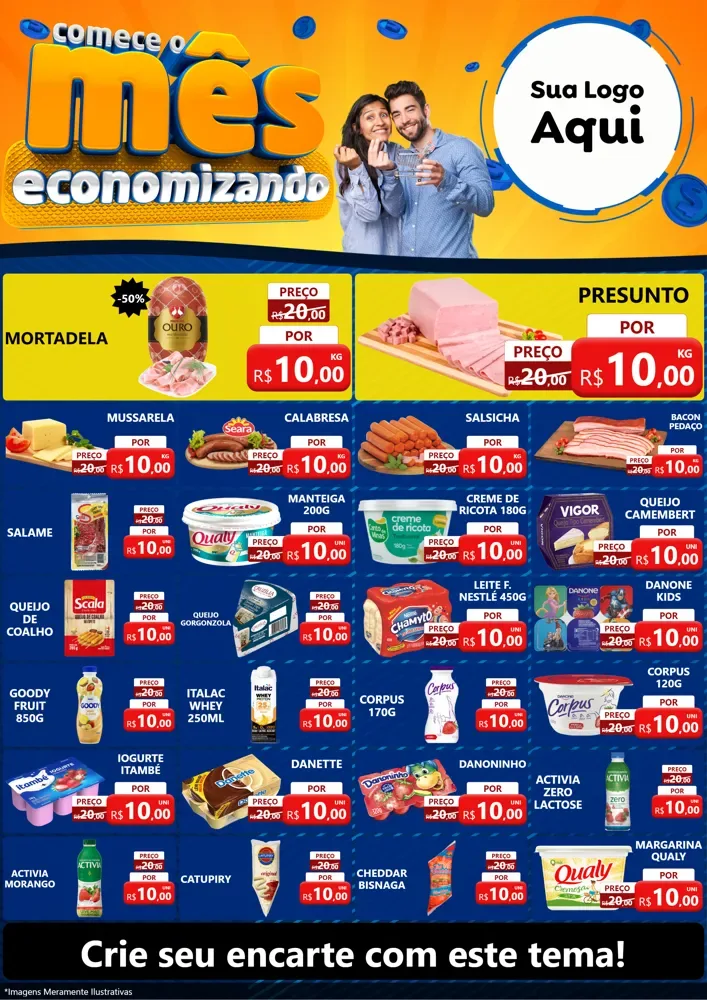 Modelo de Encarte para Encarte A4 Vertical com o tema Comece O Mês Economizando para Frios e Laticínios
