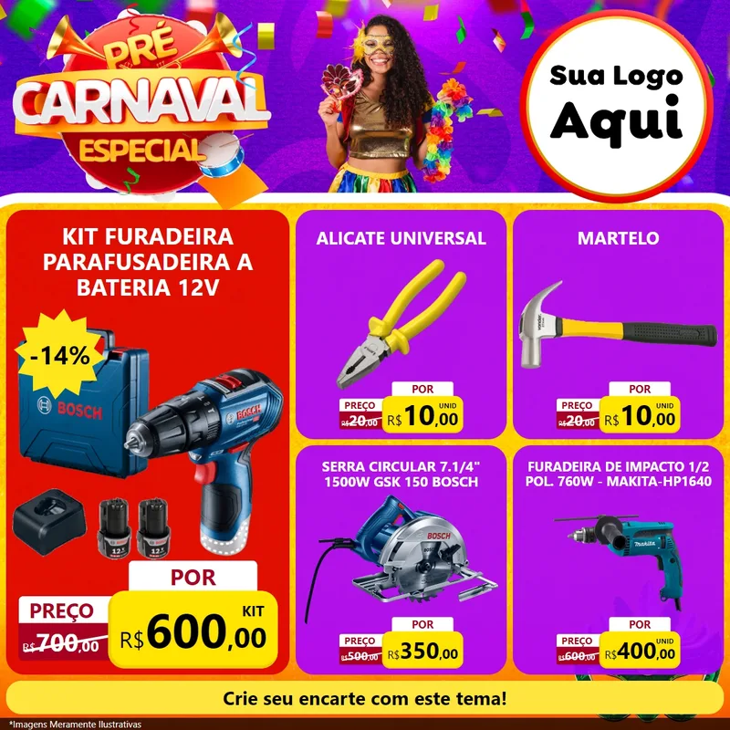 Modelo de Rede Social para Feed Facebook com o tema Pré-Carnaval Especial para Maquinas e Ferramentas