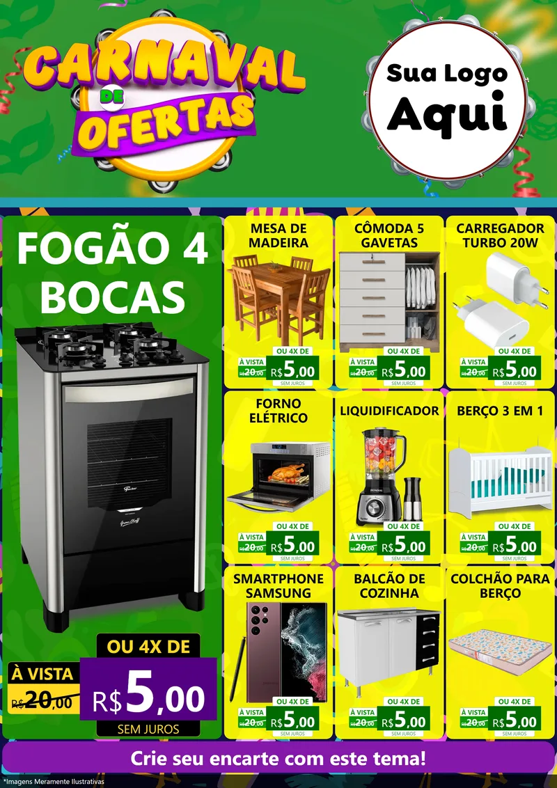 Modelo de Encarte para Encarte A4 Vertical com o tema Carnaval de Ofertas para Móveis e Eletro