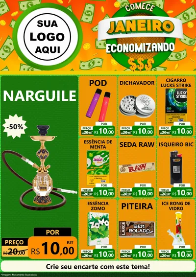 Modelo de Encarte para Encarte A4 Vertical com o tema Comece Janeiro Economizando para Tabacaria