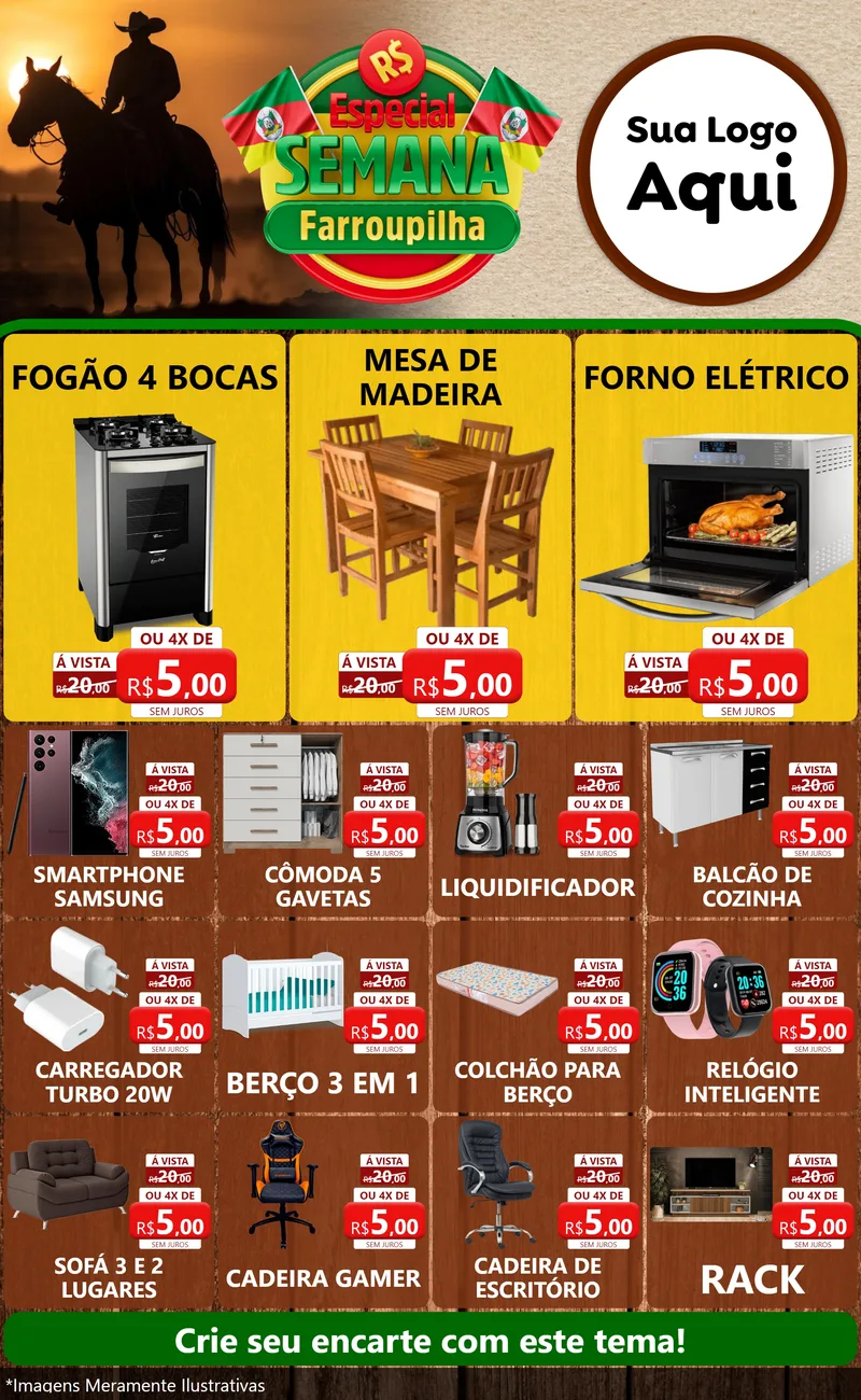 Modelo de Encarte para Encarte Grande com o tema Especial Semana Farroupilha para Móveis e Eletro