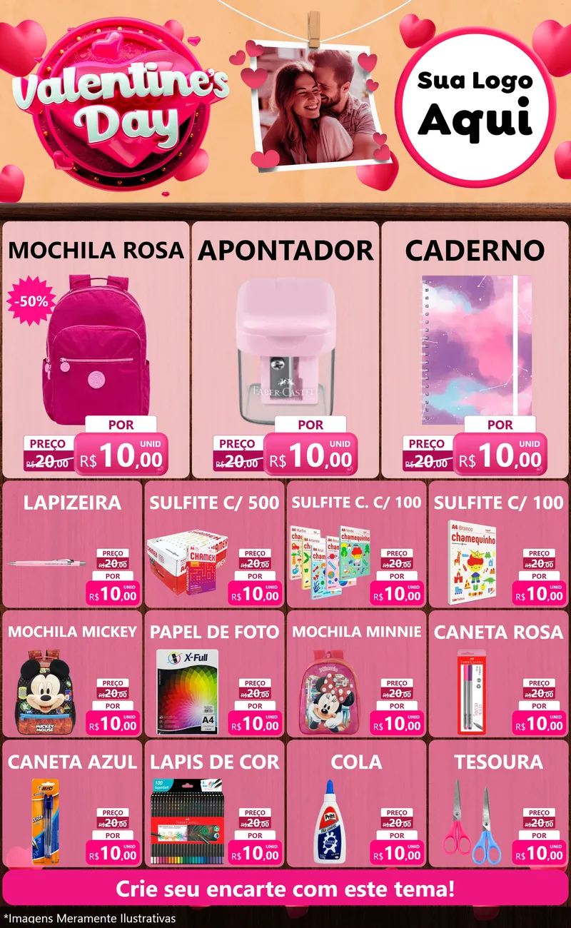 Modelo de Encarte para Encarte Grande com o tema Valentine's Day para Papelaria