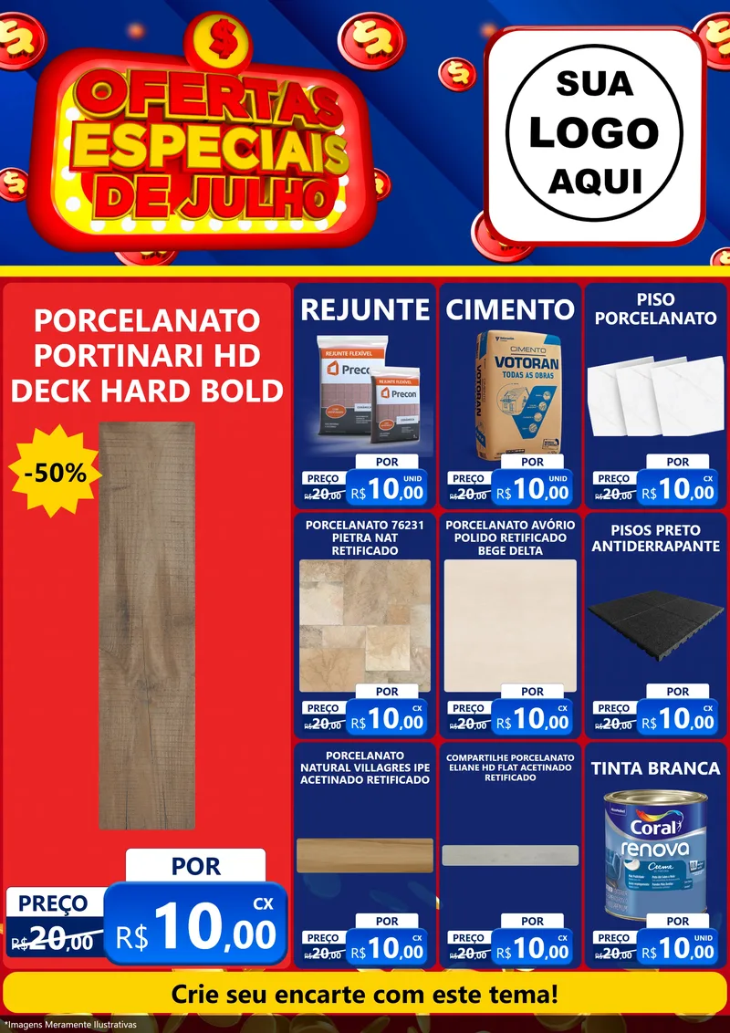 Modelo de Encarte para Encarte A4 Vertical com o tema Ofertas Especiais de Julho para Pisos e revestimentos