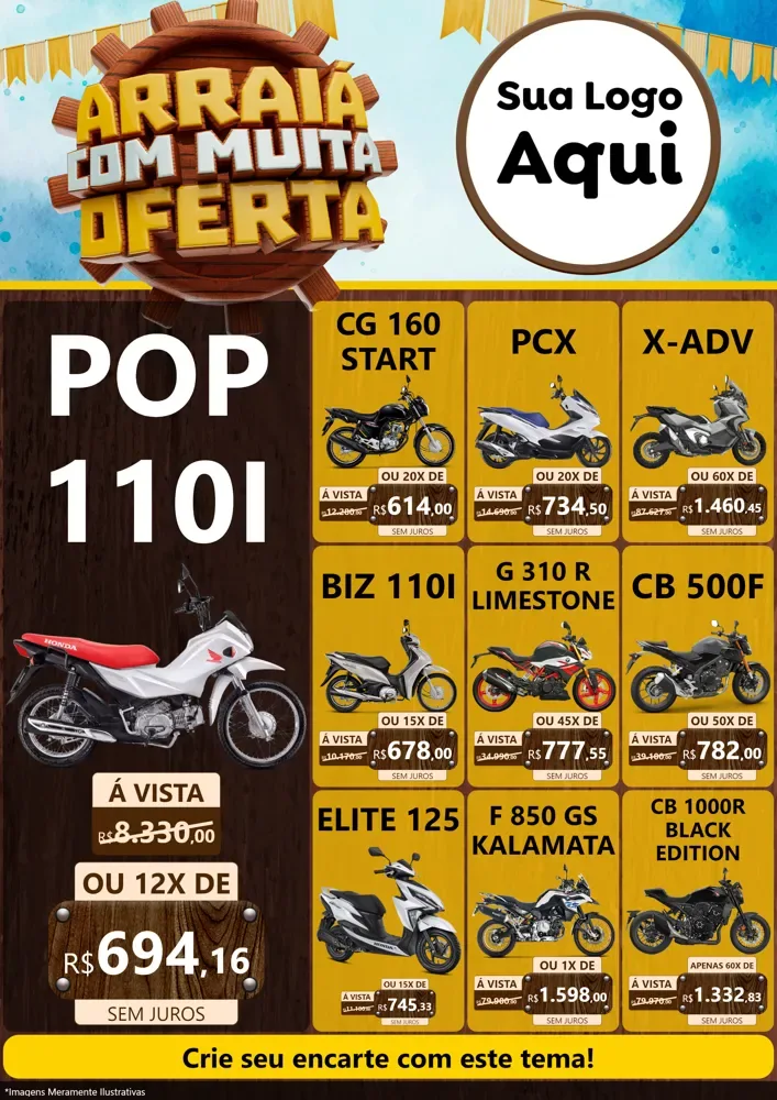 Modelo de Encarte para Encarte A4 Vertical com o tema Ofertas de São João - Junina para Concessionaria de Motos