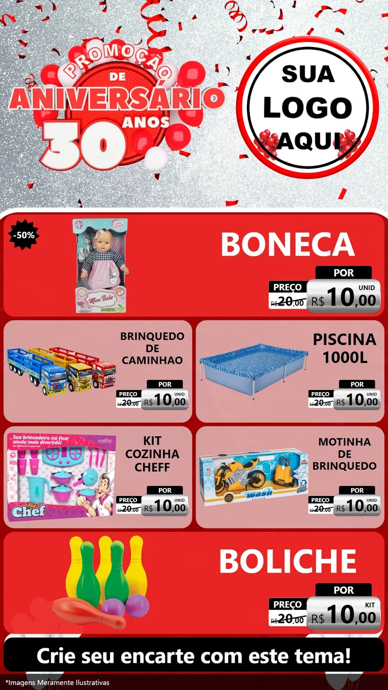 Modelo de TV para TV Vertical com o tema Promoção de Aniversário - 30 Anos para Brinquedos
