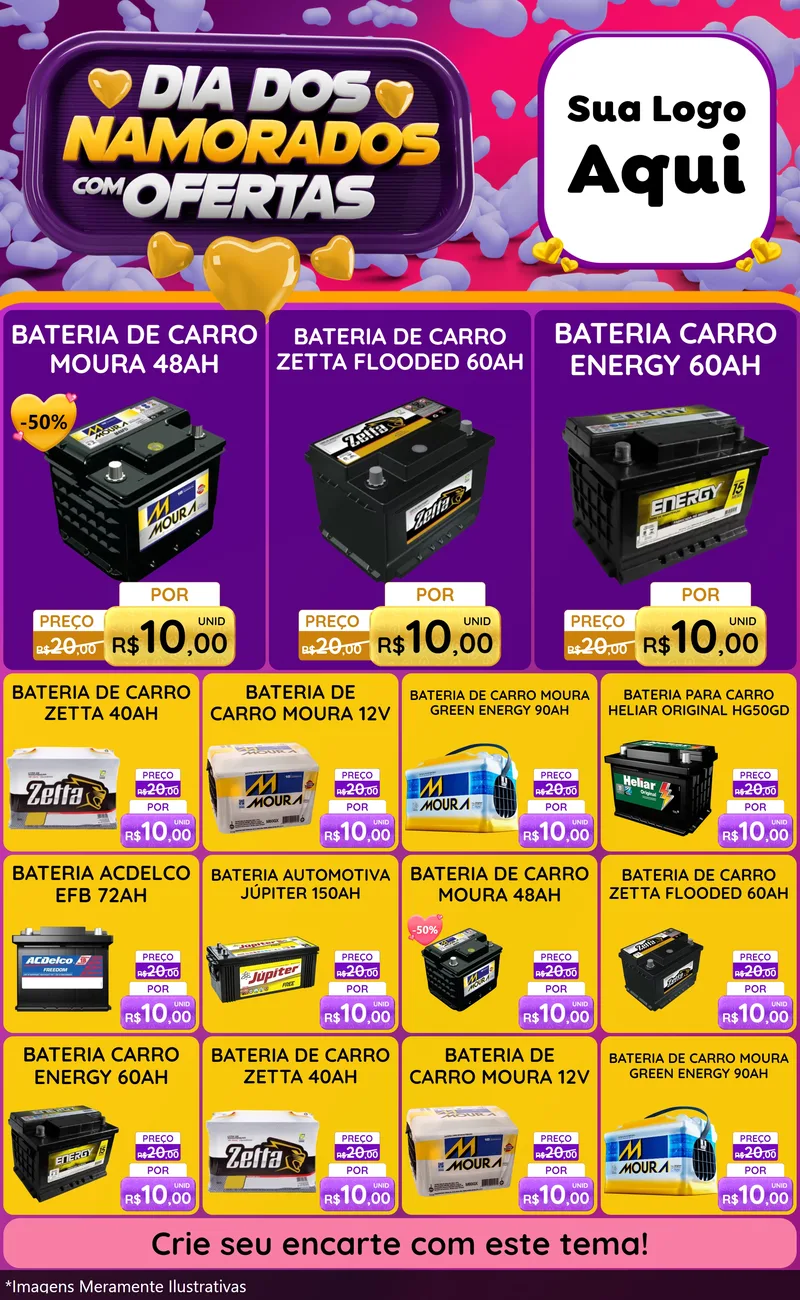 Modelo de Encarte para Encarte Grande com o tema Dia Dos Namorados Com Ofertas para Baterias Elétricas