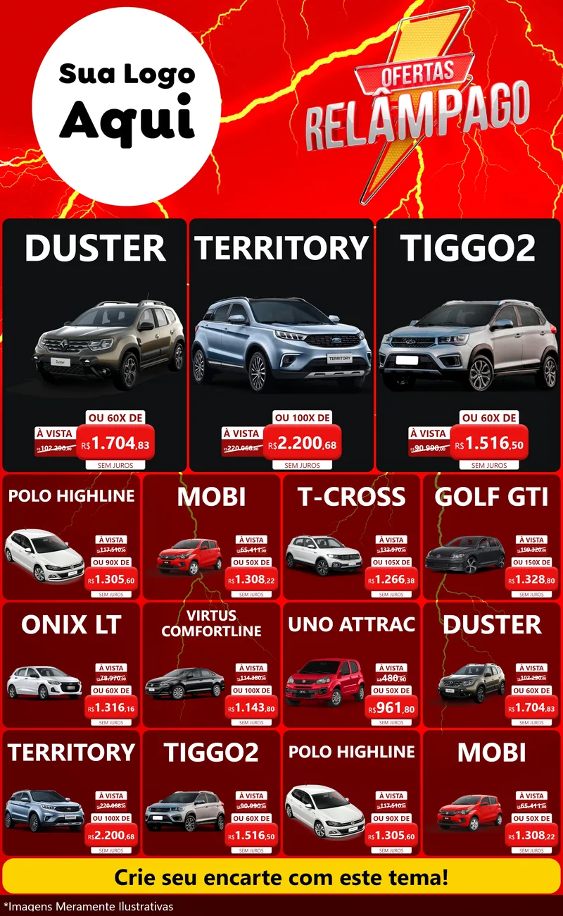 Modelo de Encarte para Encarte Grande com o tema Ofertas Relâmpago para Concessionaria de Carros