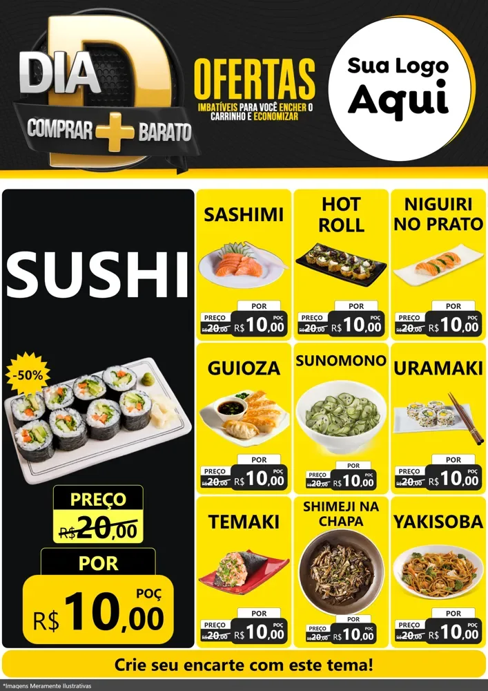 Modelo de Encarte para Encarte A4 Vertical com o tema Dia D Mais Economia para Comida japonesa