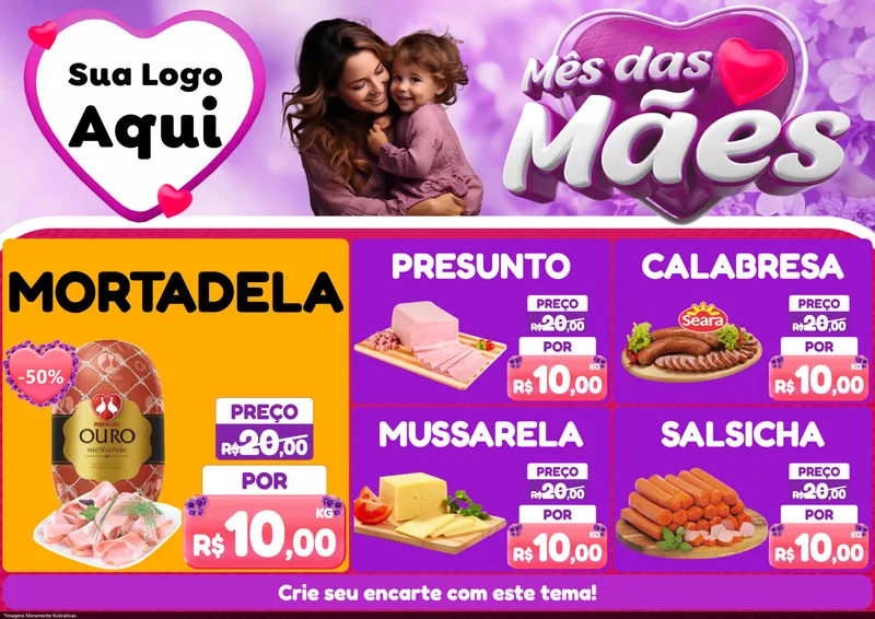 Modelo de Encarte para Encarte A4 Horizontal com o tema Mês das Mães para Frios e Laticínios