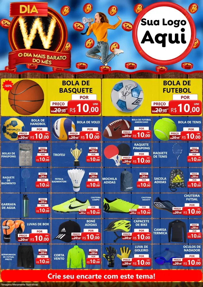 Modelo de Encarte para Encarte A4 Vertical com o tema Dia W - O Dia Mais Barato Do Mês para Artigos Esportivos