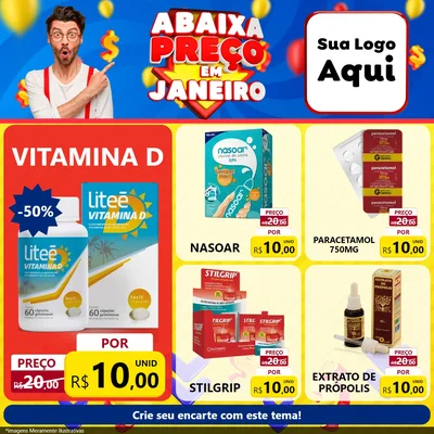 Modelo de Rede Social para Feed Facebook com o tema Abaixa Preço em Janeiro para Farmácia