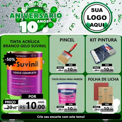 Modelo de Rede Social para Feed Facebook com o tema Promoção de Aniversário - 10 Anos para Tintas e Ferramentas
