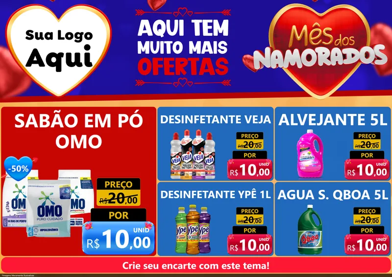 Modelo de Encarte para Encarte A4 Horizontal com o tema Mês dos Namorados para Produtos de Limpeza