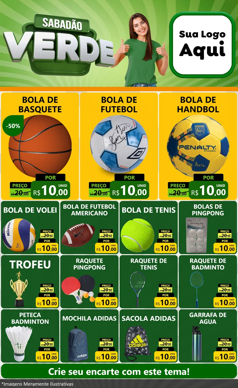 Modelo de Encarte para Encarte Grande com o tema Sabadão Verde para Artigos Esportivos
