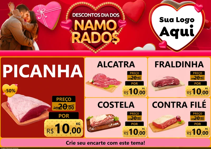 Modelo de Encarte para Encarte A4 Horizontal com o tema Descontos Dia dos Namorados para Açougue