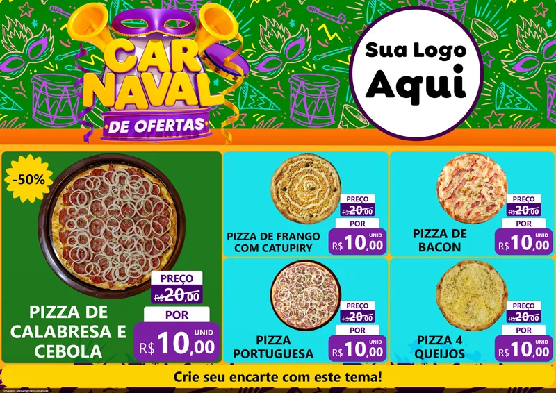 Modelo de Encarte para Encarte A4 Horizontal com o tema Carnaval de Ofertas para Pizzaria