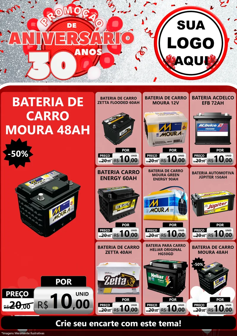 Modelo de Encarte para Encarte A4 Vertical com o tema Promoção de Aniversário - 30 Anos para Baterias Elétricas