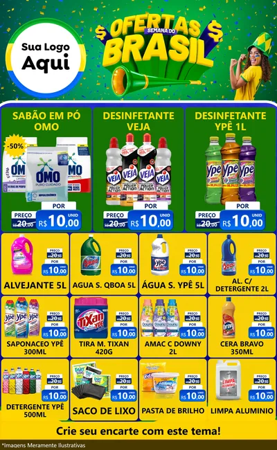 Modelo de Encarte para Encarte Grande com o tema Ofertas Semana do Brasil para Produtos de Limpeza