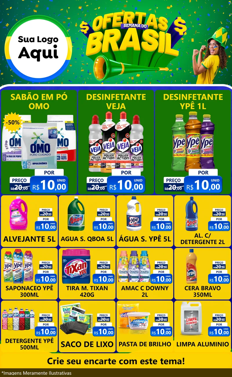 Modelo de Encarte para Encarte Grande com o tema Ofertas Semana do Brasil para Produtos de Limpeza