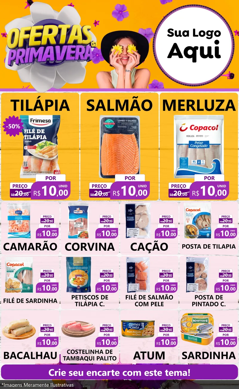 Modelo de Encarte para Encarte Grande com o tema Ofertas Da Primavera para Peixaria